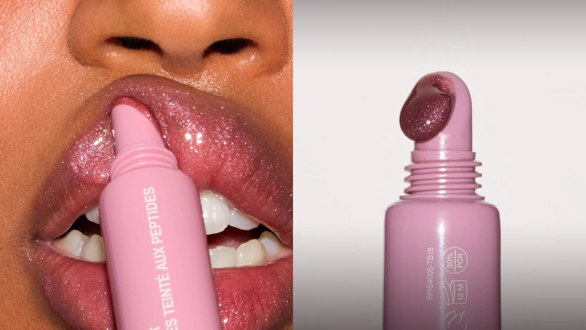 peptide lip tint pretzel on glossy lips beside the open tube